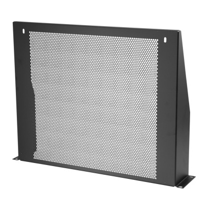 Proteção metálica preta com painel frontal de malha hexagonal
