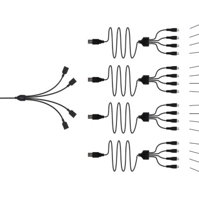 Adaptador elétrico com múltiplos cabos e terminações pretas