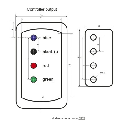 Desenho técnico de controlador retangular com indicadores coloridos e medidas em milímetros