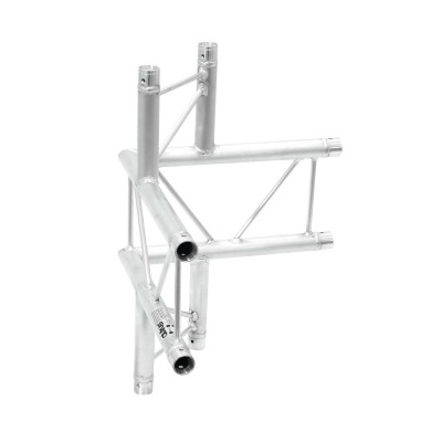 Estrutura metálica modular prateada com tubos cilíndricos e reforços triangulares