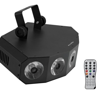 Luz DJ preta octogonal com três lentes e comando remoto