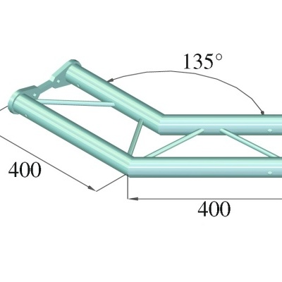 Estrutura tubular metálica verde água com ângulo de 135 graus e dimensões de 400 mm.