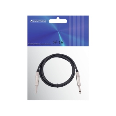 Cabo de áudio preto com conectores jack embalado em cartão azul e branco OMNITRONIC