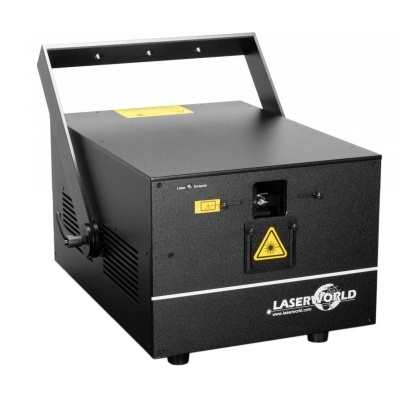 Máquina de laser preta com símbolo de aviso e marca LASERWORLD