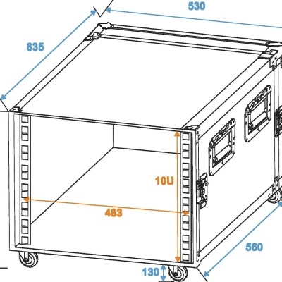 Rack case metálico preto com rodas e alças em ambiente neutro