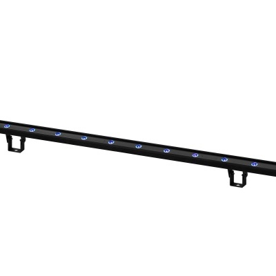 Barra de luz LED preta com LEDs azuis e suportes de fixação