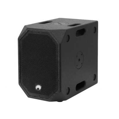 Coluna de som preta cúbica com grelha frontal em metal