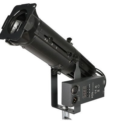 Projetor de luz preto com suporte metálico e visor digital