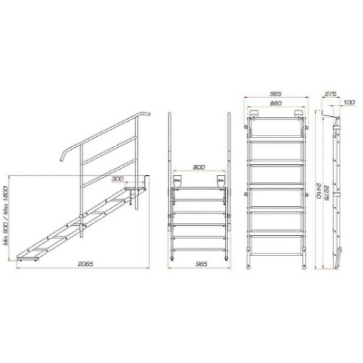Desenho técnico de escada metálica com medidas em milímetros