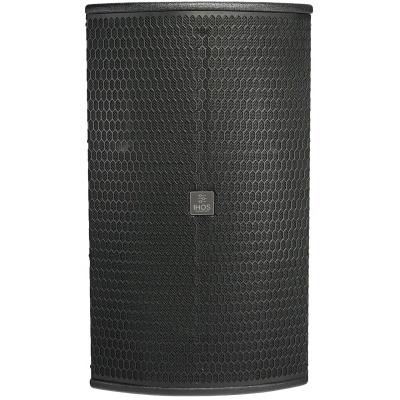 Coluna de som preta com textura em padrão de colmeia e texto HÖRG na grelha