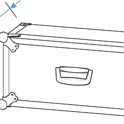 Desenho técnico de uma caixa retangular com alça e reforços nos cantos, com medidas visíveis.