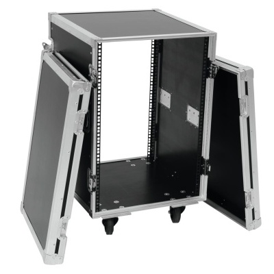 Caixa de transporte preta com armação metálica e portas abertas