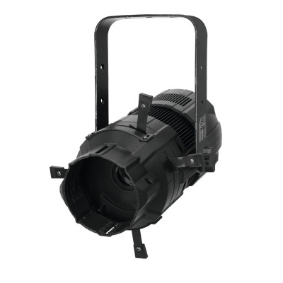 Projetor de luz cênica preto com suporte em arco e aletas ajustáveis