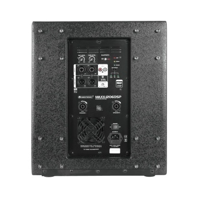 Coluna de som preta com painel traseiro de controlo e texto MAXX 260DSP