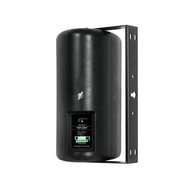 Altifalante preto cilíndrico com suporte de montagem e conectores elétricos verdes