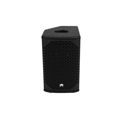 Coluna de som preta com grelha frontal e botão branco