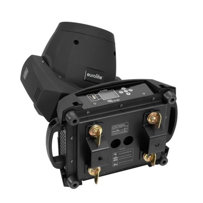 Dispositivo eletrónico preto da marca Eurolite com conectores dourados e etiquetas técnicas