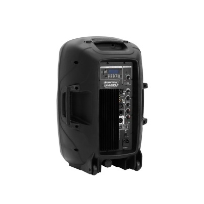 Coluna de som preta com painel de controlo e ecrã digital