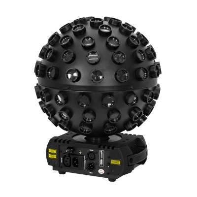 Aparelho esférico preto com lentes circulares e base com conectores em fundo branco