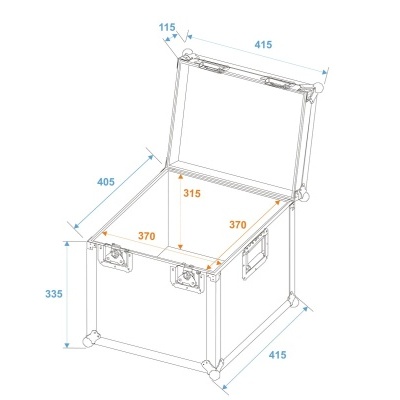 Desenho técnico de mala metálica com tampa aberta e medidas em milímetros