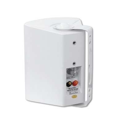 Coluna de som compacta branca com ligação para fios e botão rotativo