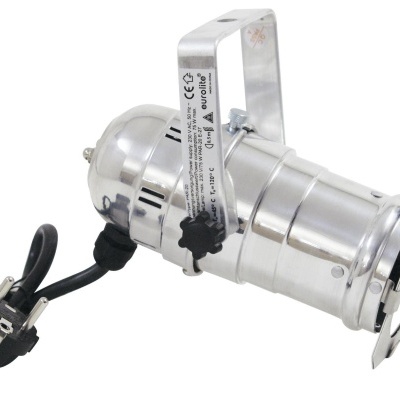 Refletor de palco metálico prateado com cabo preto e ficha de tomada