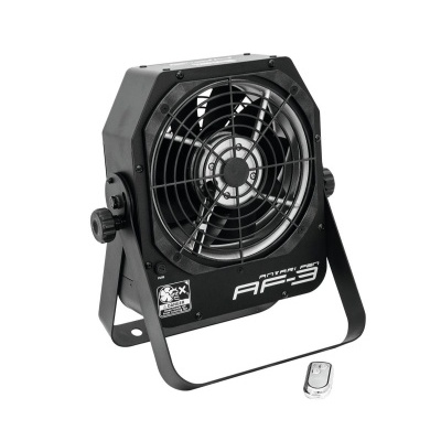 Ventoinha preta com telecomando pequena sobre fundo branco