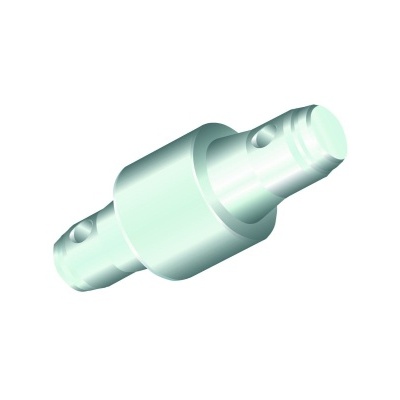 Componente metálico cilíndrico prateado com orifícios em fundo branco