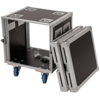 Caixa de transporte preta com estrutura metálica e rodas azuis