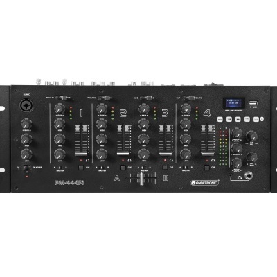 Mesa de mistura de áudio preta com botões e indicadores LED