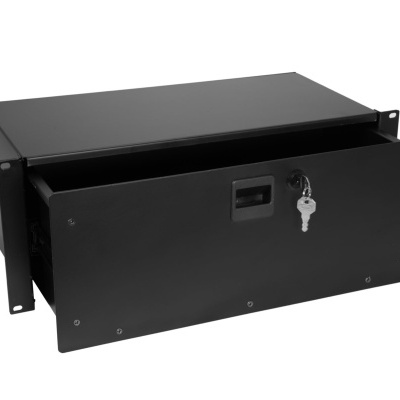 gaveta metálica preta com chave e puxador para rack