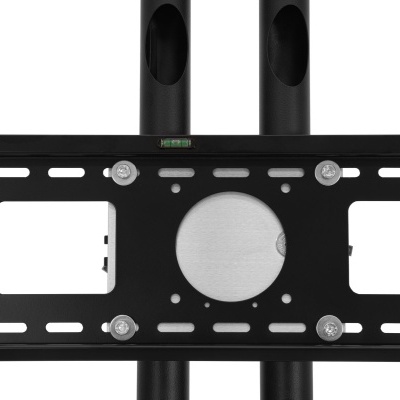 Suporte de TV preto em metal com parafusos e nível de bolha