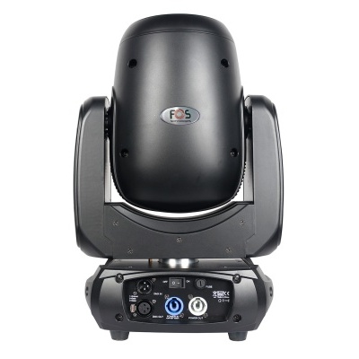 Luz profissional FOS Mini Moving Head preta com botões e conectores