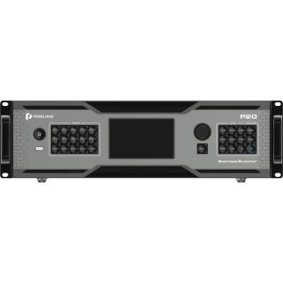 Equipamento eletrónico PIXELHUE P20 Seamless Switcher cinzento escuro com botões pretos e ecrã central