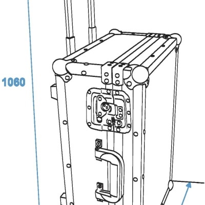 Mala de viagem rígida com alça extensível e fechaduras, com medidas azuis ao redor.