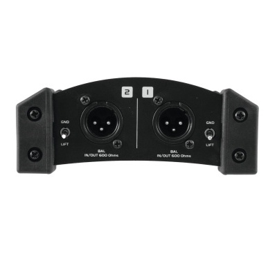 Painel preto com duas entradas XLR e texto técnico branco