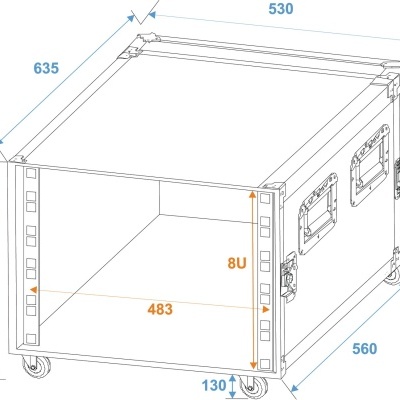Desenho técnico de rack de equipamento com rodas e dimensões em milímetros