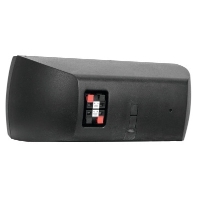 Coluna de som preta com botão cinza e vermelho