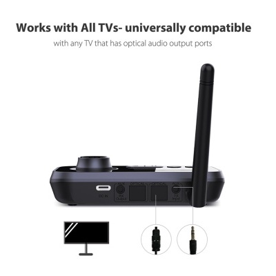 Dispositivo preto com antena compatível com todas TVs com portas de áudio ótico.