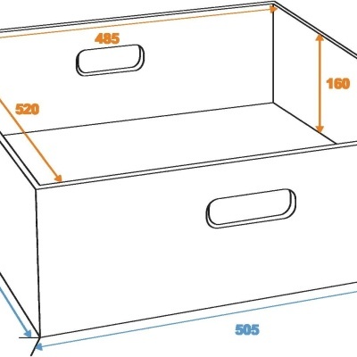 Caixa retangular desenhada com pegas e dimensões em milímetros.