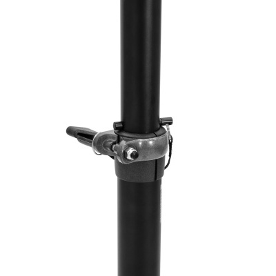 Suporte ou acessório em metal e plástico preto com alavanca e parafuso