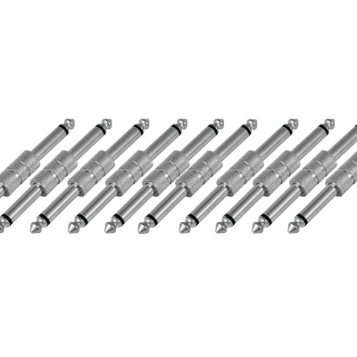 Oito conectores de áudio jack 6,35 mm em metal prateado alinhados