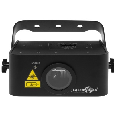 Equipamento de iluminação a laser preto com lente circular e suporte metálico.