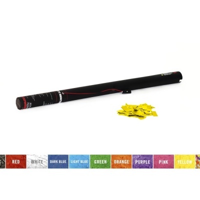 Lançador de confetes preto com confetes amarelos ao lado e faixa de cores com nomes em inglês