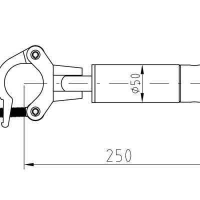 Desenho técnico de peça metálica com parafuso e cilindro de 50mm de diâmetro e 250mm de comprimento
