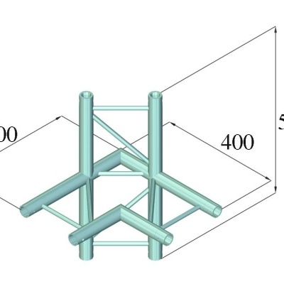 Estrutura metálica azul claro com tubos cilíndricos e reforços em cruz, com medidas 400mm x 400mm x 580mm