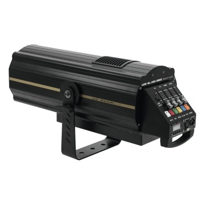 Projetor de luz LED preto com botões coloridos e suporte metálico