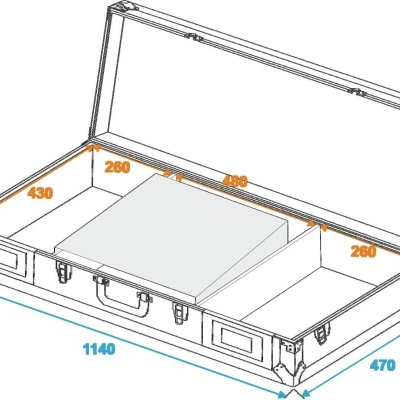 Caixa transportadora branca com tampa transparente e divisórias internas, com dimensões e suportes metálicos visíveis.