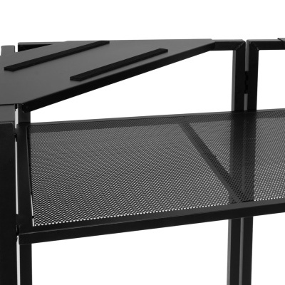 Estante metálica preta com duas prateleiras, inferior em malha e superior sólida com ranhuras