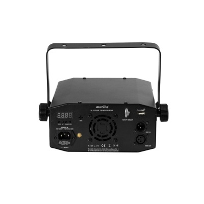 Dispositivo eletrônico preto com suporte, ventoinha e conectores em fundo branco